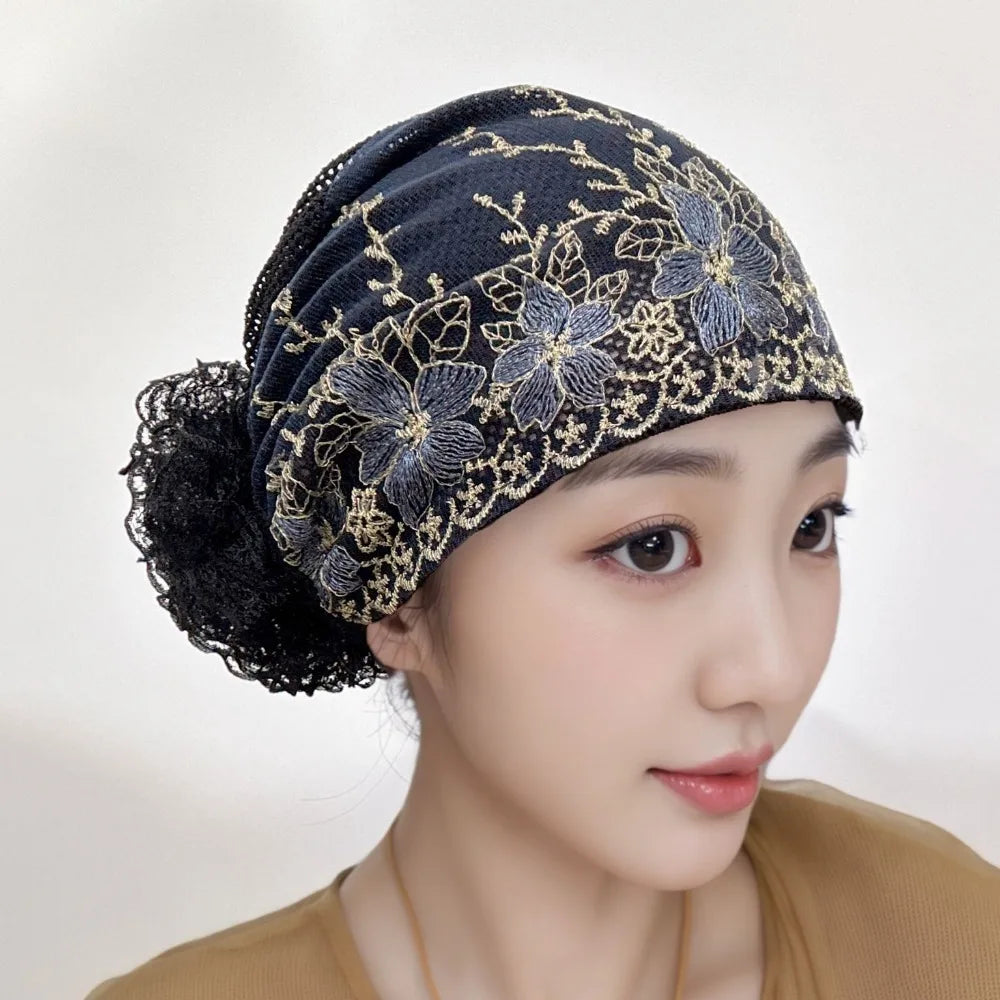 Flower Embroidery Turban Bonnet Hat – Elastic Lace Headscarf