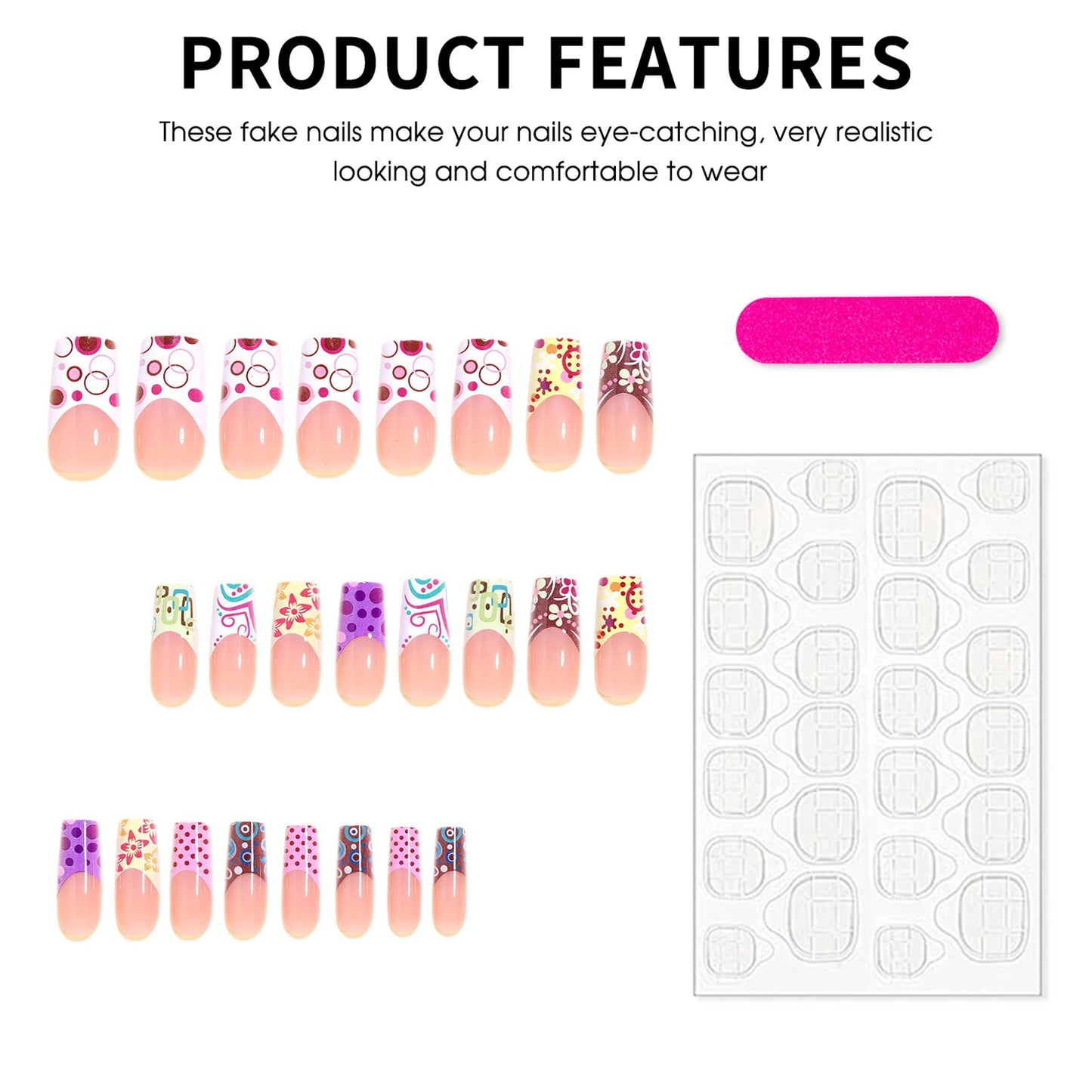 24pcs Press On Nails French Style False Nails With Red-purple Polka Dot And 3D Colorful Flowers Resin Artificial Fingernails Art Peaceful Pleasures Health and Wellness