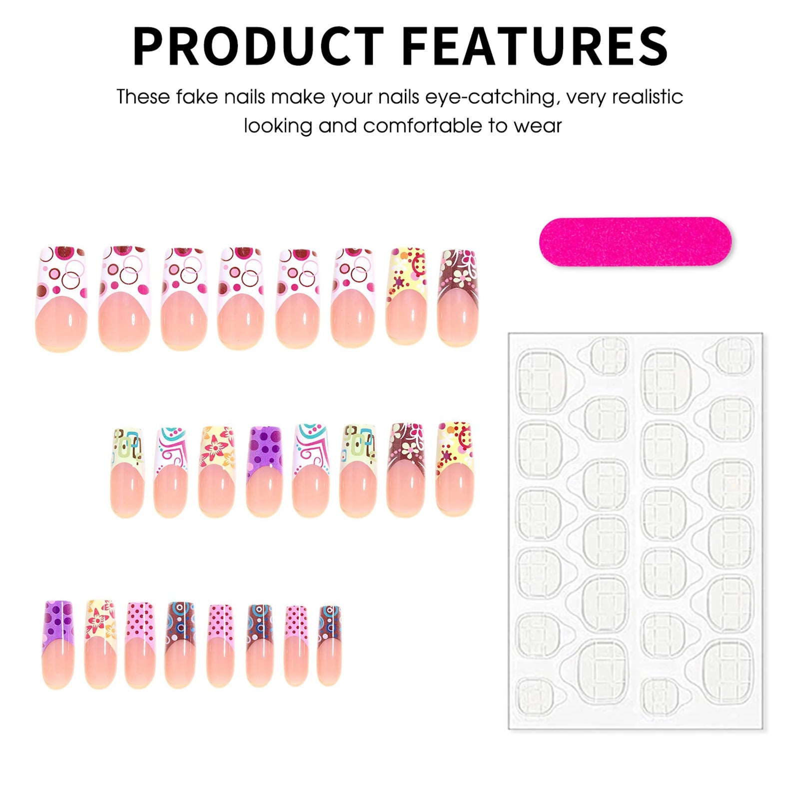 24pcs Press On Nails French Style False Nails With Red-purple Polka Dot And 3D Colorful Flowers Resin Artificial Fingernails Art Peaceful Pleasures Health and Wellness