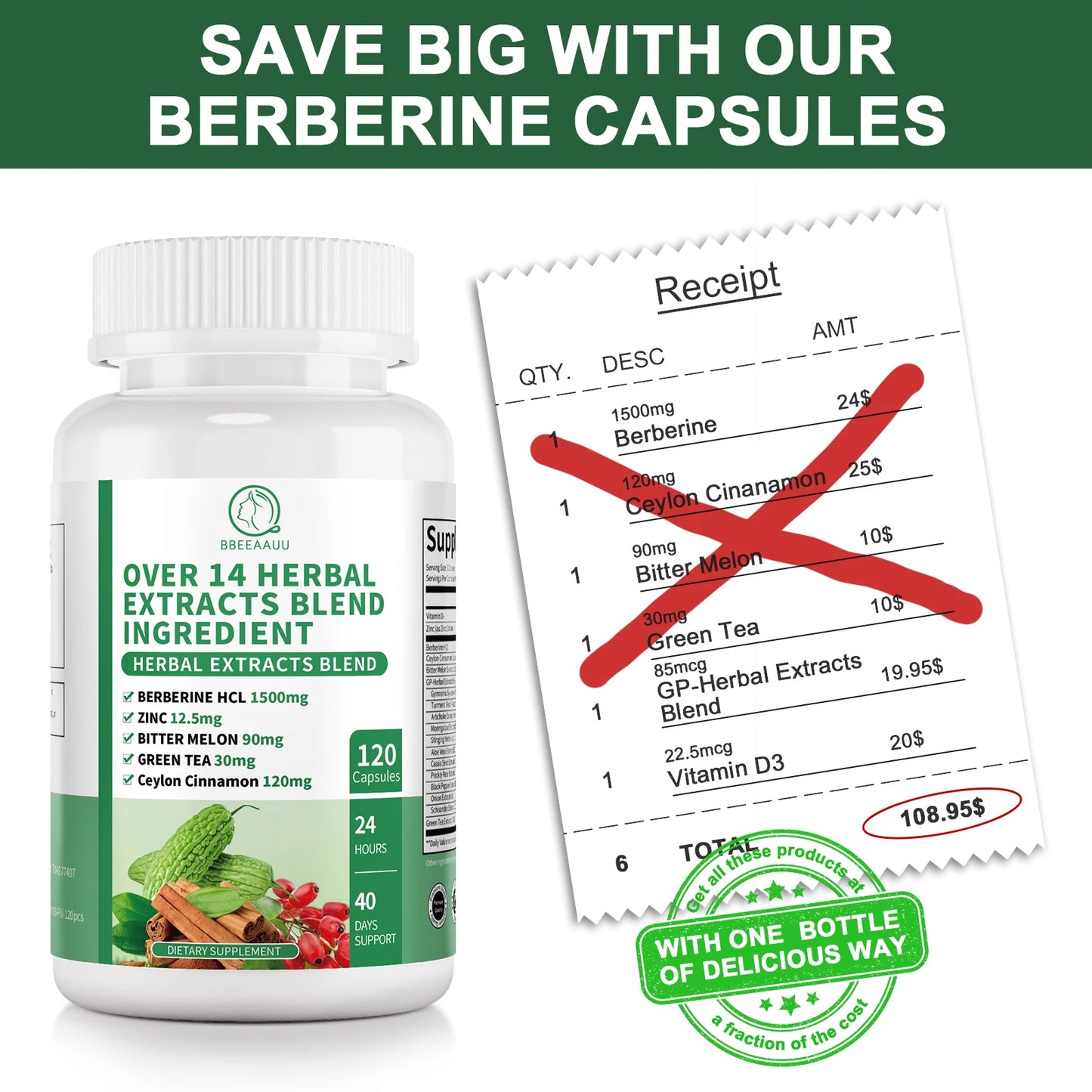 BBEEAAUU Berberine HCL 1500mg – Liver, Gut & Immunity Support with Cinnamon & Bitter Gourd Dietary Supplement Peaceful Pleasures Health and Wellness