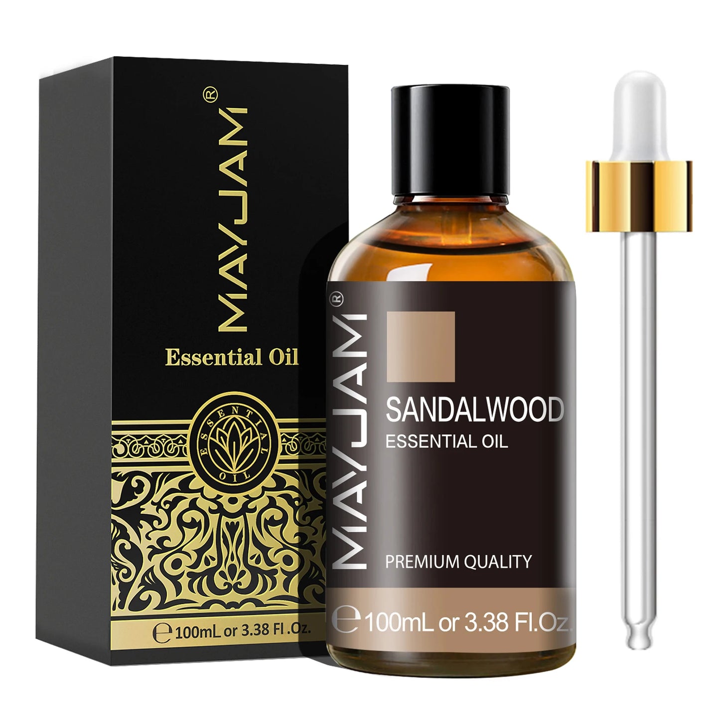 MayJam Cinnamon Essential Oil bottle with dropper and packaging on a white background