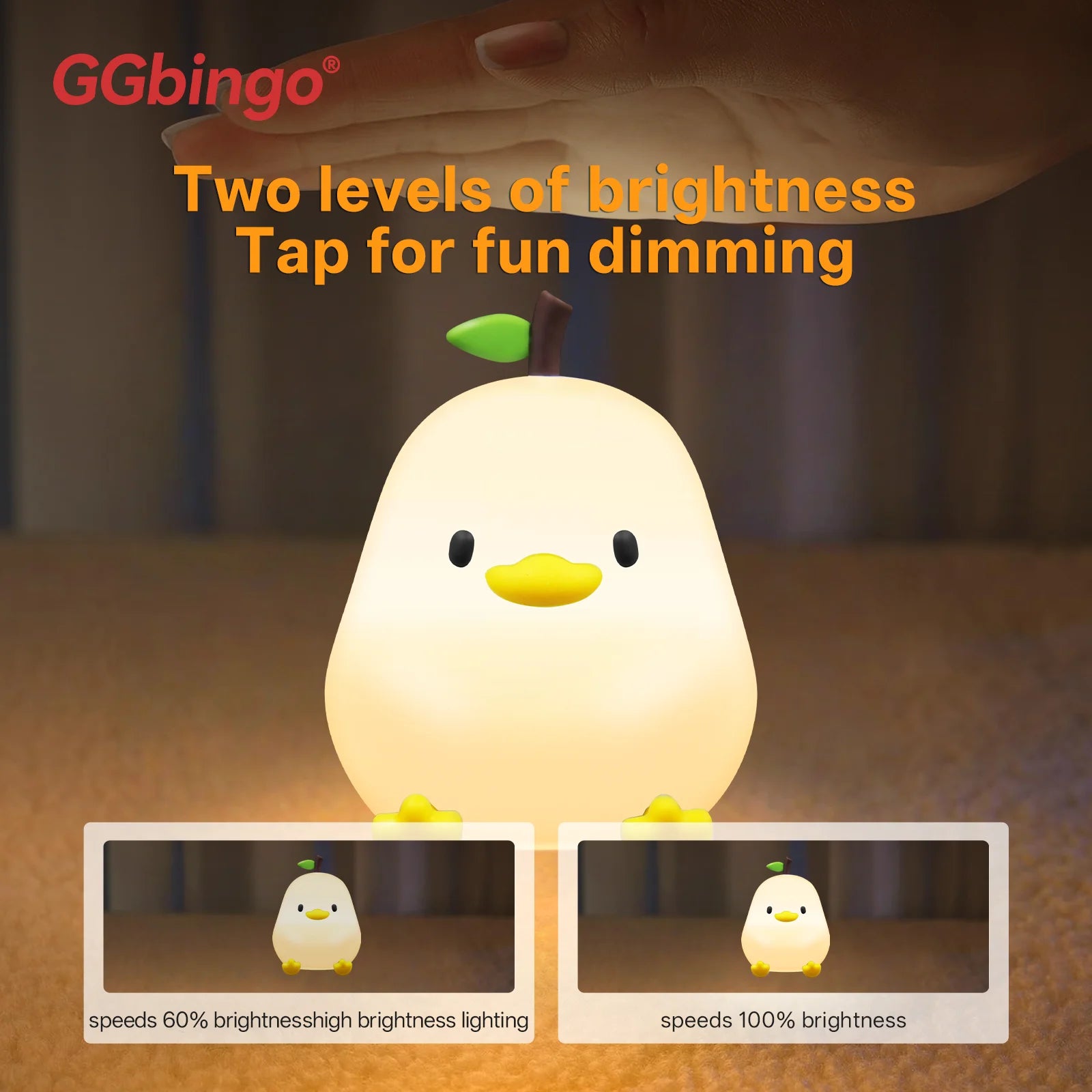 Cute Pear Night Light 7-Color Dimmable Touch-Controlled Night Light Silicone Stress Reducing Pat Duck Lamp USB Rechargeable Peaceful Pleasures Health and Wellness