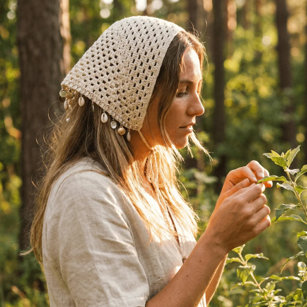 Seashell Tassel Crochet Triangle Headscarf | Boho Head Wrap Crochet Head Wrap Peaceful Pleasures Health and Wellness