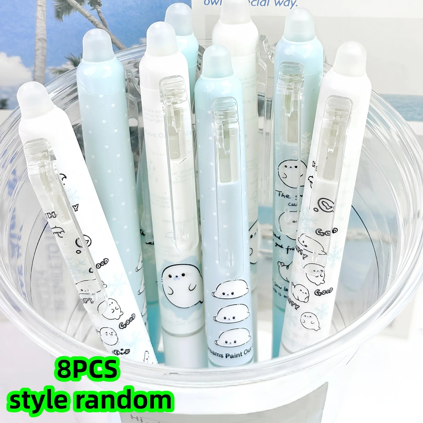 8-Pack of Black Gel Pens with Random Designs, Featuring a Cute Seal Shape, High Aesthetic Appeal, Retractable and Erasable, Suitable for Elementary School Students, Easy-To-Erase Black Gel Pens, Essential for Study and Office Peaceful Pleasures Health and Wellness 8Pcs Random Style