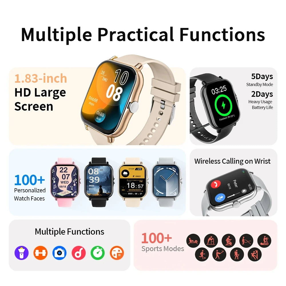 1.83'' Waterproof Smart Watch with Message Answer Call Sleep Monitoring Sports Pedometer Information Alerts For iPhone Android Peaceful Pleasures Health and Wellness