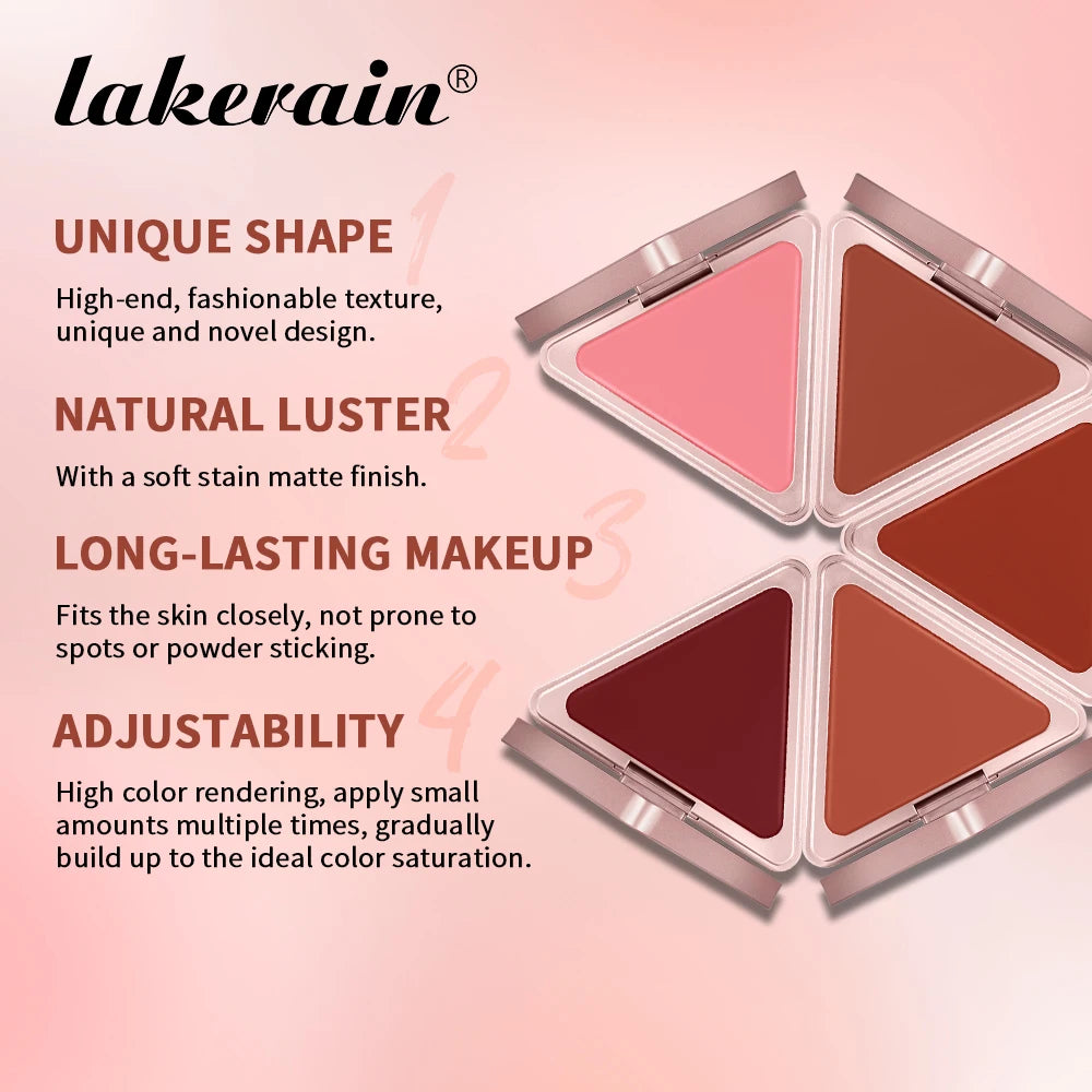 Lakerain Matte Cream Blusher Long-lasting Natural Makeup Triangle Box Design Oil-Resistant High Pigment Cream Blush Plate Peaceful Pleasures Health and Wellness