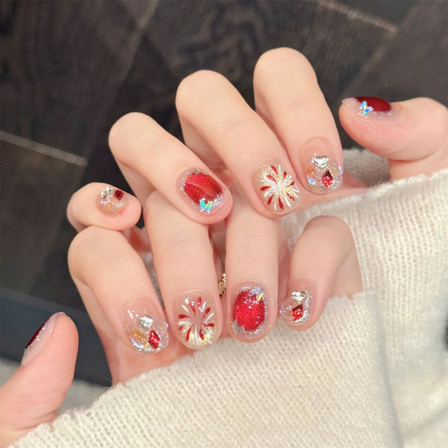 10pcs Cat's Eye Press-On Nails | Rhinestone New Year Fake Nails