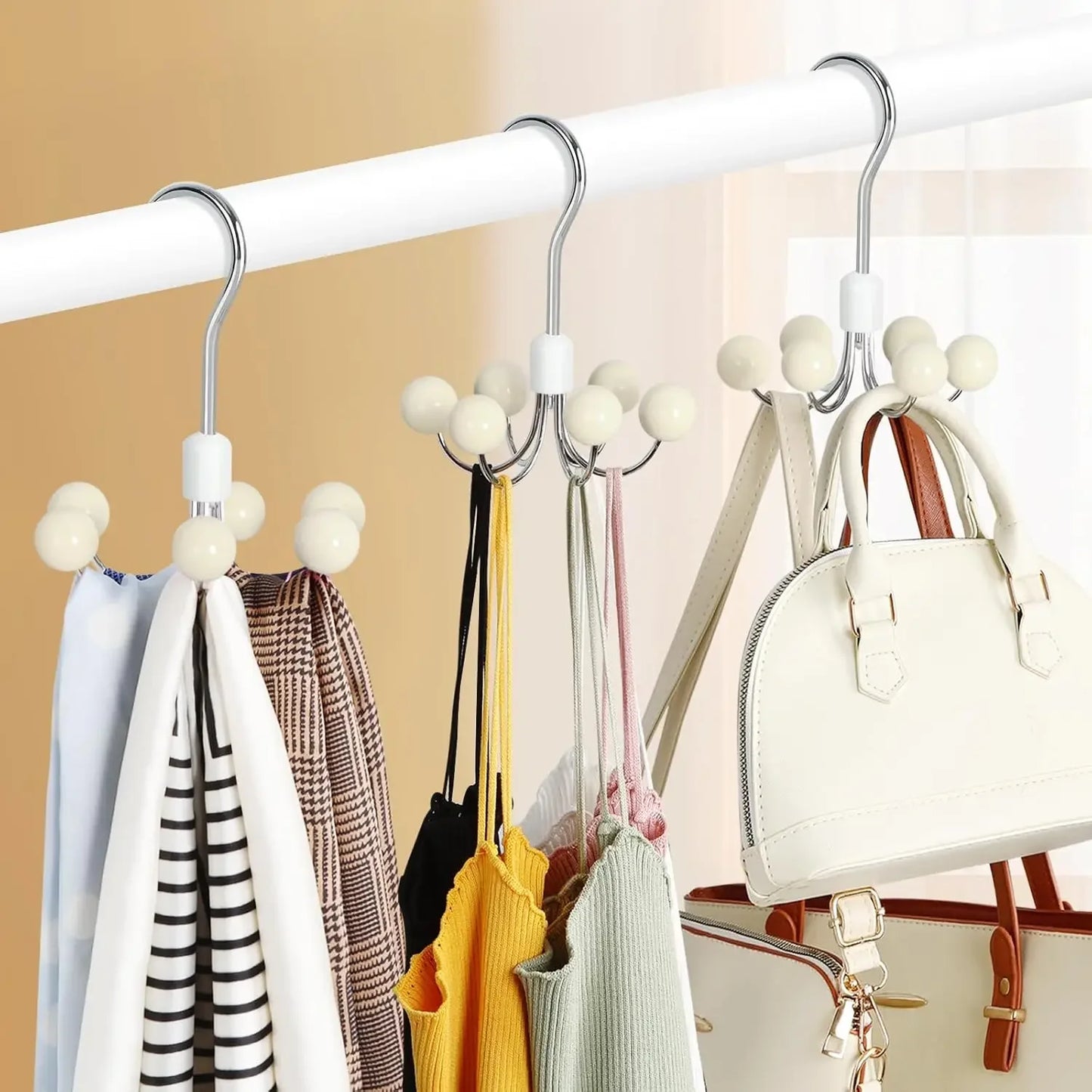 6-Hook Rotating Closet Organizer with Wood Balls for Hoodies, Purses, Scarves, and Accessories Peaceful Pleasures Health and Wellness