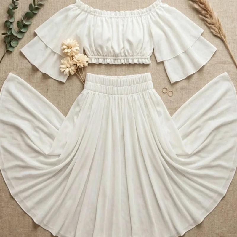 Two-Piece Maternity Photoshoot Dress, Off Shoulder Chiffon Crop Top + Flowing Maxi Skirt, Baby Shower Gown for Pregnant Women Peaceful Pleasures Health and Wellness