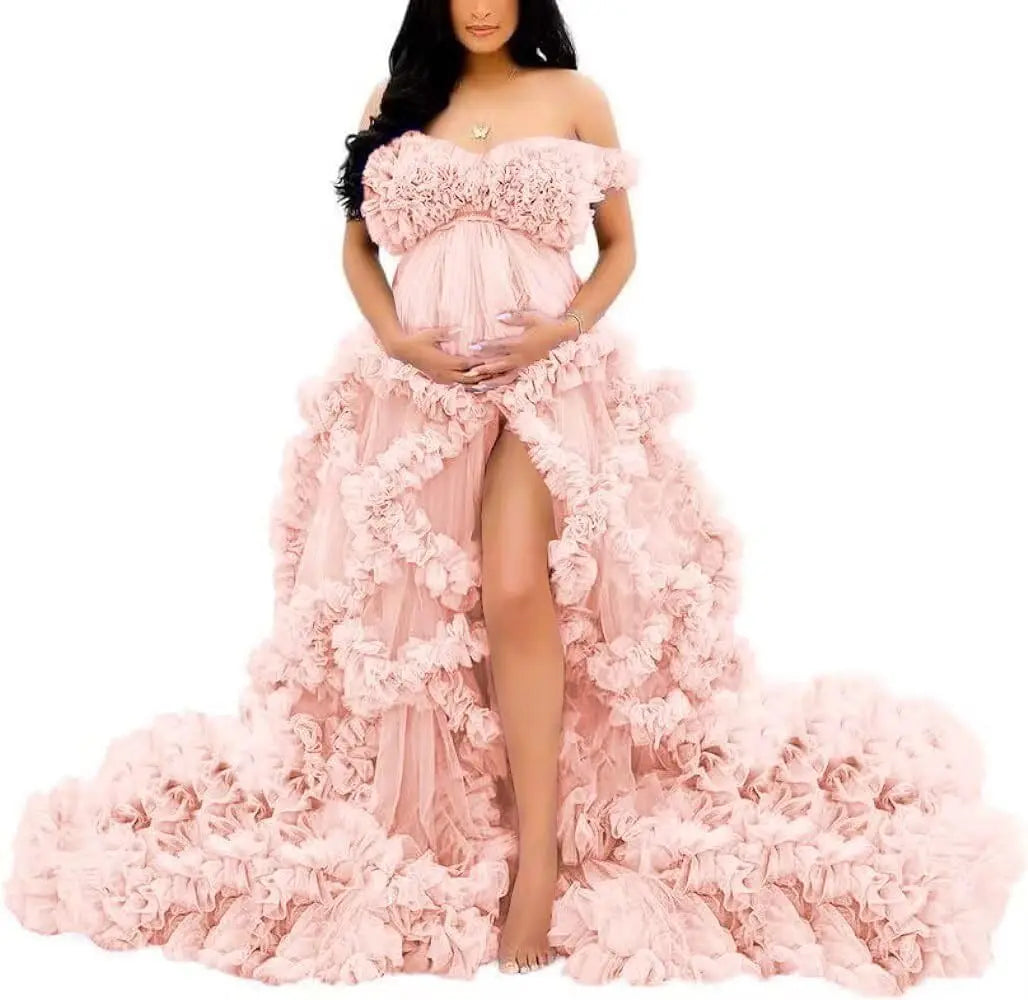 Photoshoot & Baby Shower Tulle Maternity Dress - Off Shoulder, Puffy Ruffles, Elegant Long Robe for Pregnancy Peaceful Pleasures Health and Wellness Blush US 2