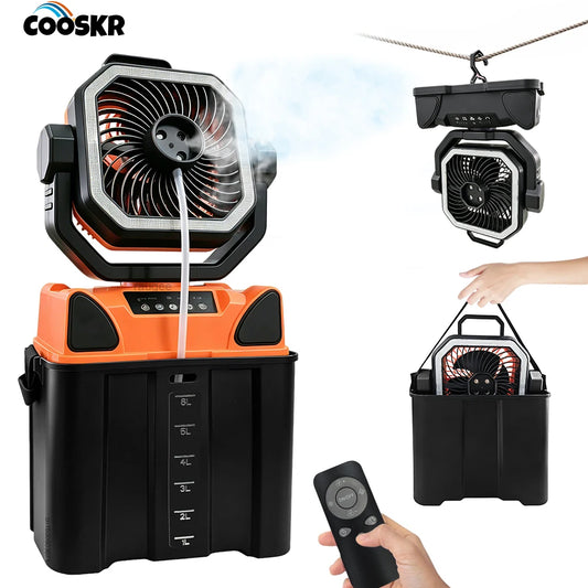 Portable Camping Misting Fan 20000mAh Rechargeable 6L Water Tank Mist Fan for Outdoor Wireless Ceiling Fan with Remote Control Peaceful Pleasures Health and Wellness