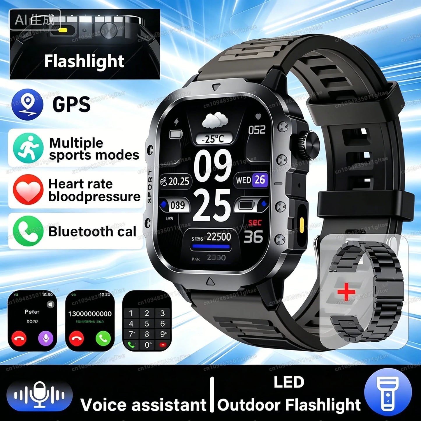Outdoor Military Smartwatches Bluetooth Call Men 2.01" Blood Oxygen Monitor 5ATM Waterproof GPS Tracking Sports Smart Watch HW12 Peaceful Pleasures Health and Wellness 2.01 Bk22Szstrap Smartwatch