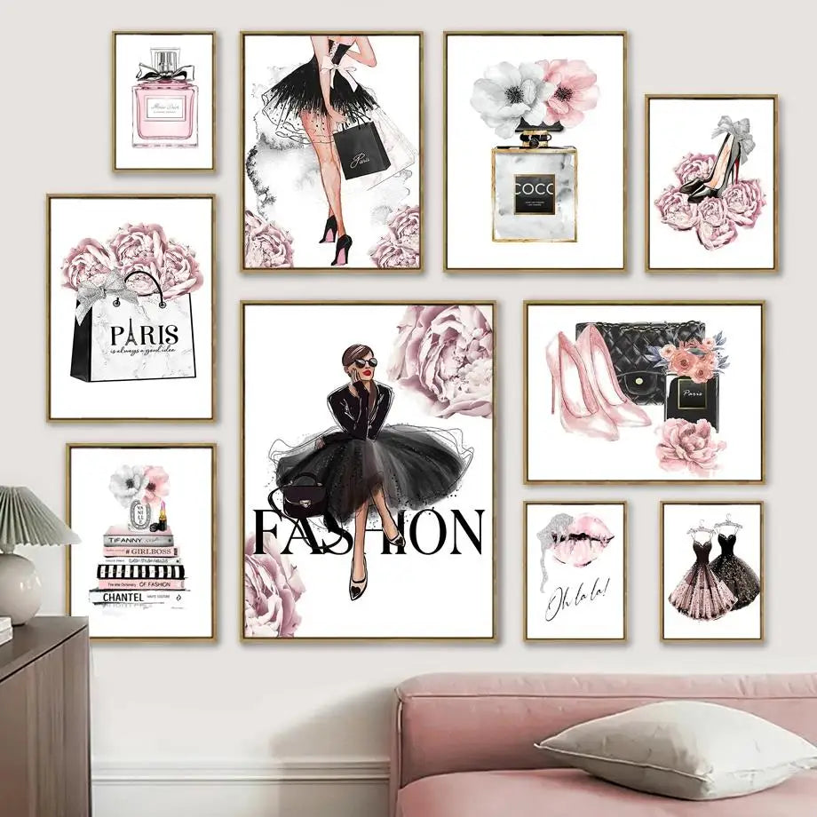 Pink Flower Makeup Girls Canvas Wall Art | Nordic Room Decor