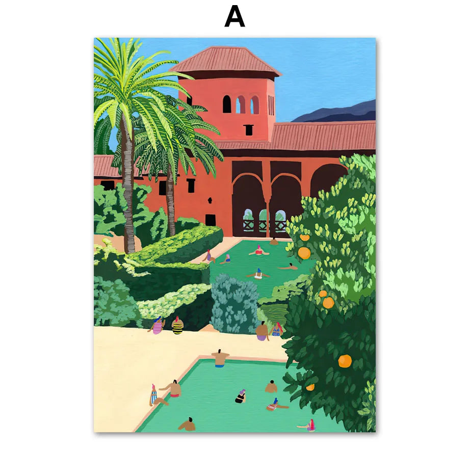 Boho Moroccan Pool Wall Art Colorful Tropical Resort Landscape Prints Vibrant Summer Vacation Canvas Posters Modern Home Deco Peaceful Pleasures Health and Wellness A 20x30cm Unframed