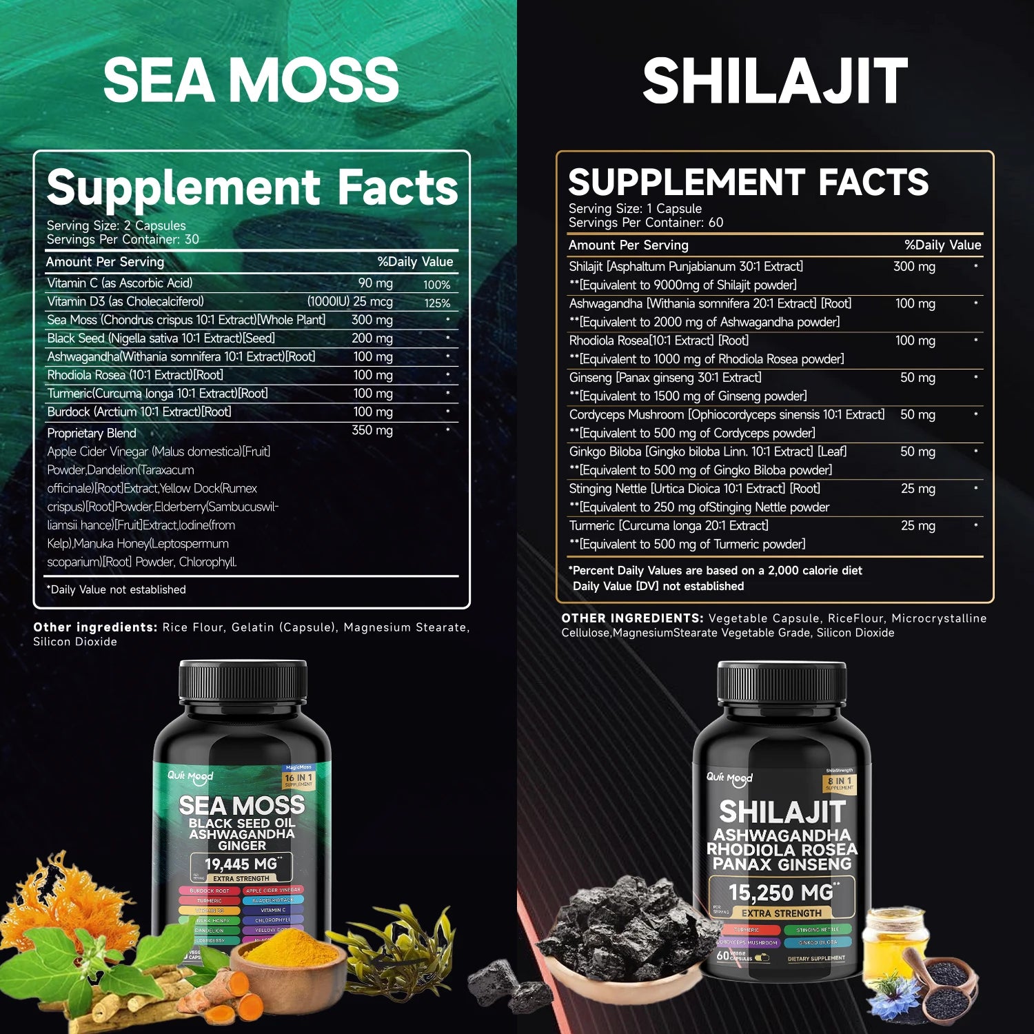 Sea Moss and shilajit Bundle 120 capsules, with Seamoss, Black Seed Oil, Ashwagandha, Ginger, Burdock Root, Turmeric, Black Pepp Peaceful Pleasures Health and Wellness