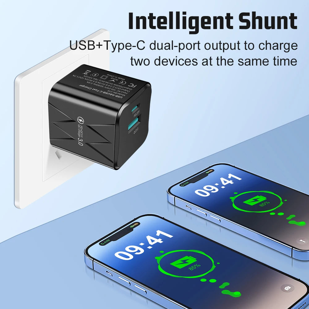 25W PD QC3.0 Dual Port Fast Charger USB-C Travel Adapter