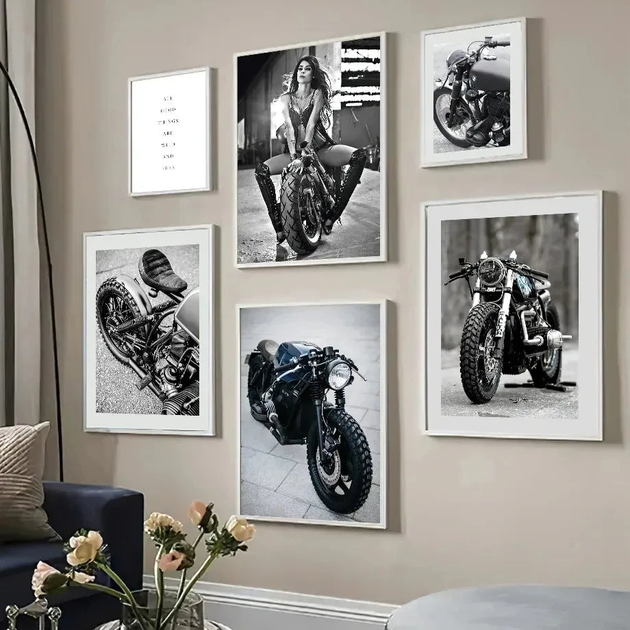 Black & White Motorcycle Canvas Wall Art | Modern Unframed Poster