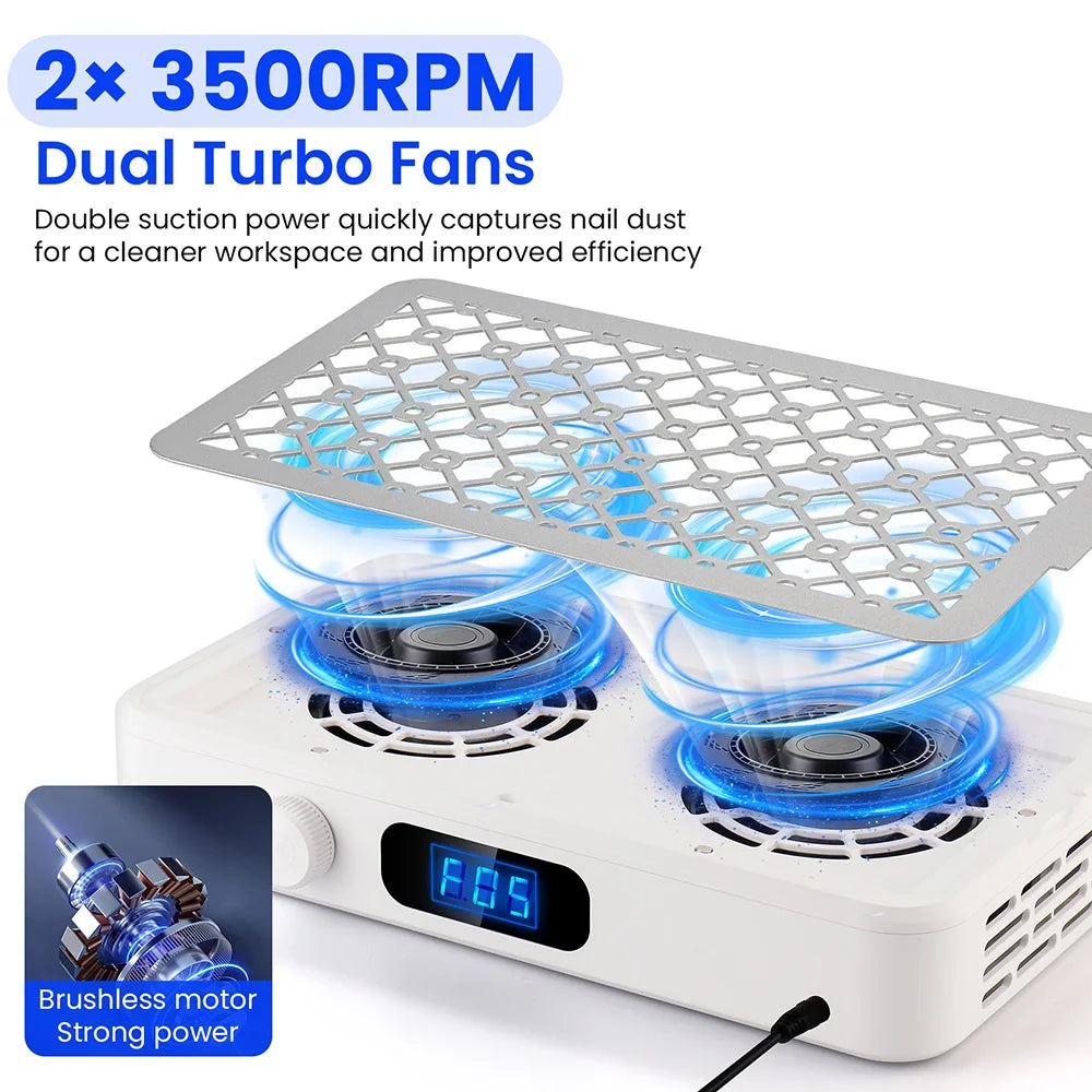 2500/2800/3000/3300/3500rpm Speed Adjustable Brushless Nail Dust Extractor Powerful Twin Turbo Vacuum Nail Dust Collector Peaceful Pleasures Health and Wellness