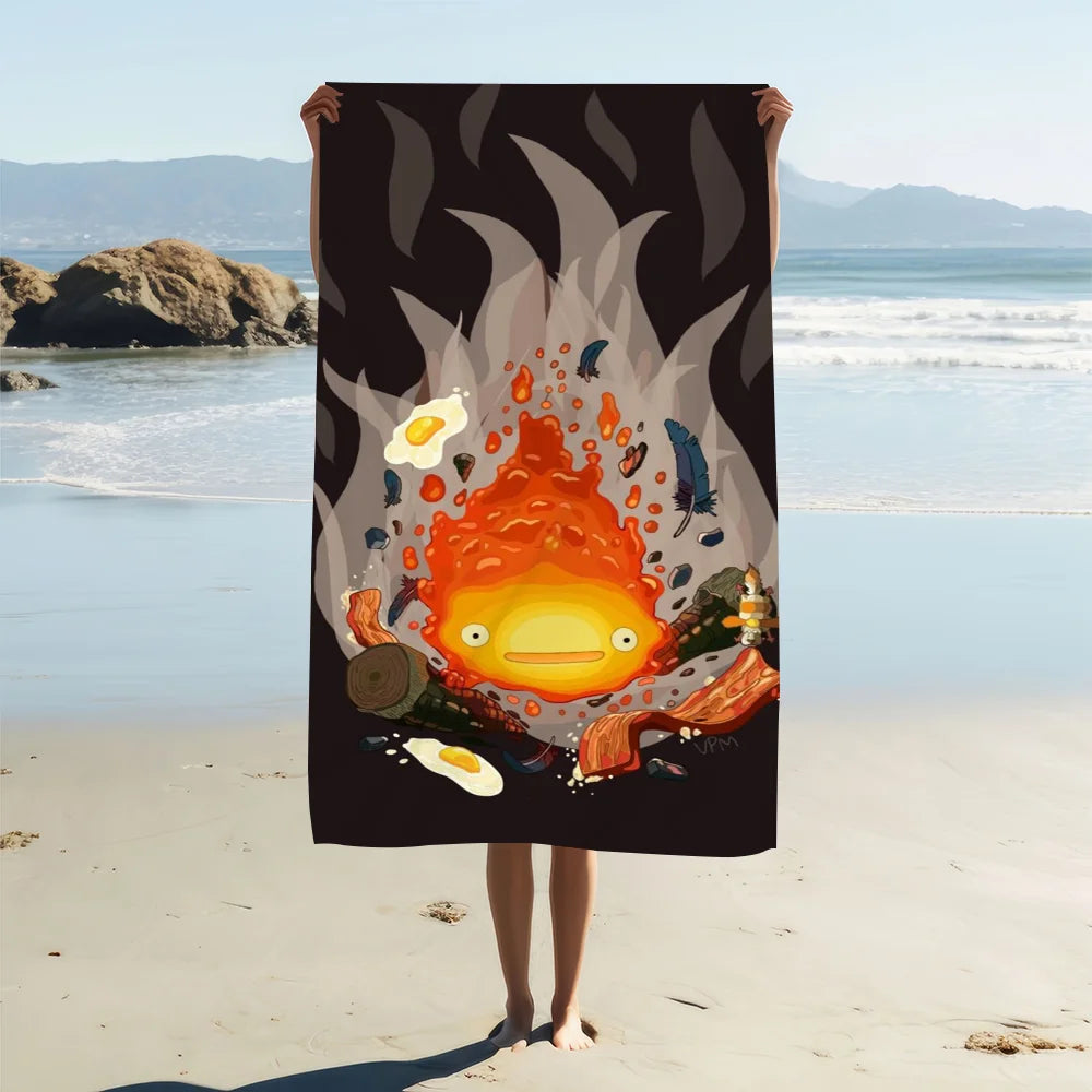 Calcifer Anime Flannel Beach Towel – Quick Dry & Soft | 11 Sizes