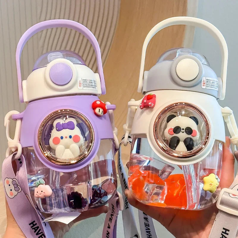 Cute Kids Water Bottles Plastic Sippy Cup with Strap Rope Portable Leakage-proof Cartoon Water Cups Drinkware Cartoon Student Peaceful Pleasures Health and Wellness
