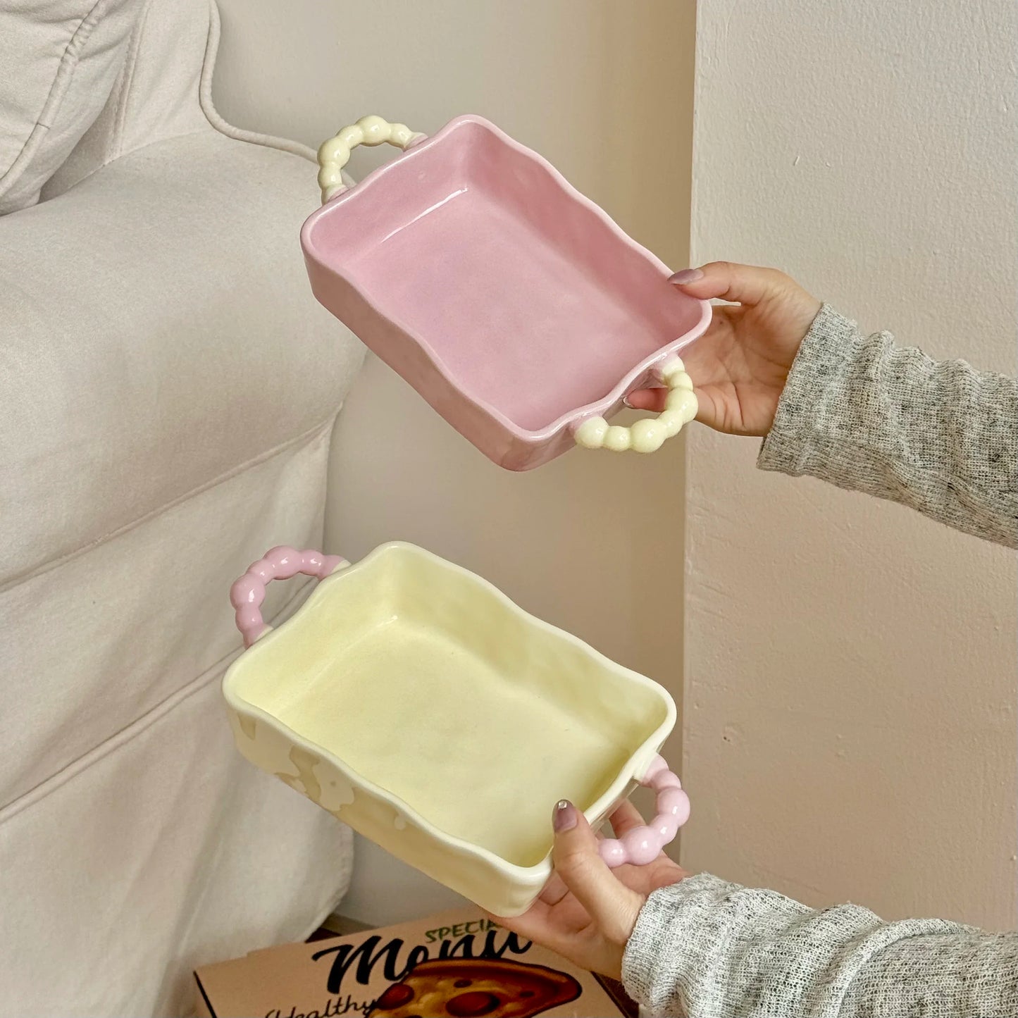 Color Blocked Sugar Bean Irregular Baking Tray Ceramic Double Ear Baking Bowl High End Microwave Oven Baking Utensils Practical Peaceful Pleasures Health and Wellness