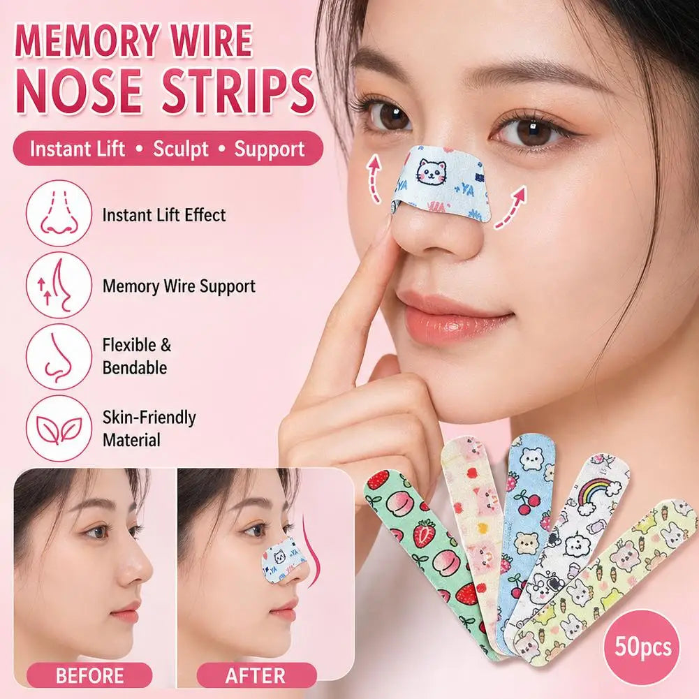 50 Pcs Cartoon Nose Shaper Self-Shaping Nose Splint Adhesive Tape External Support Fixation for Nose Job Peaceful Pleasures Health and Wellness