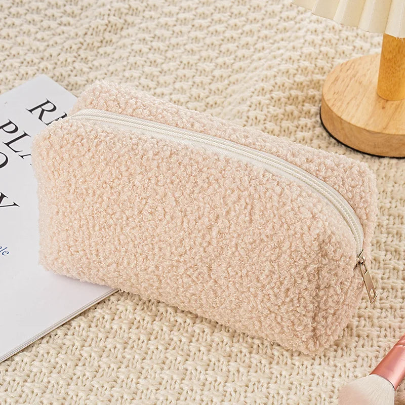 2026 Cute Zipper Plush Large Solid Color Cosmetic Bag Makeup Bag for Women Travel Make Up Toiletry Bag Washing Pouch Pen Pouch Peaceful Pleasures Health and Wellness Beige 1PC