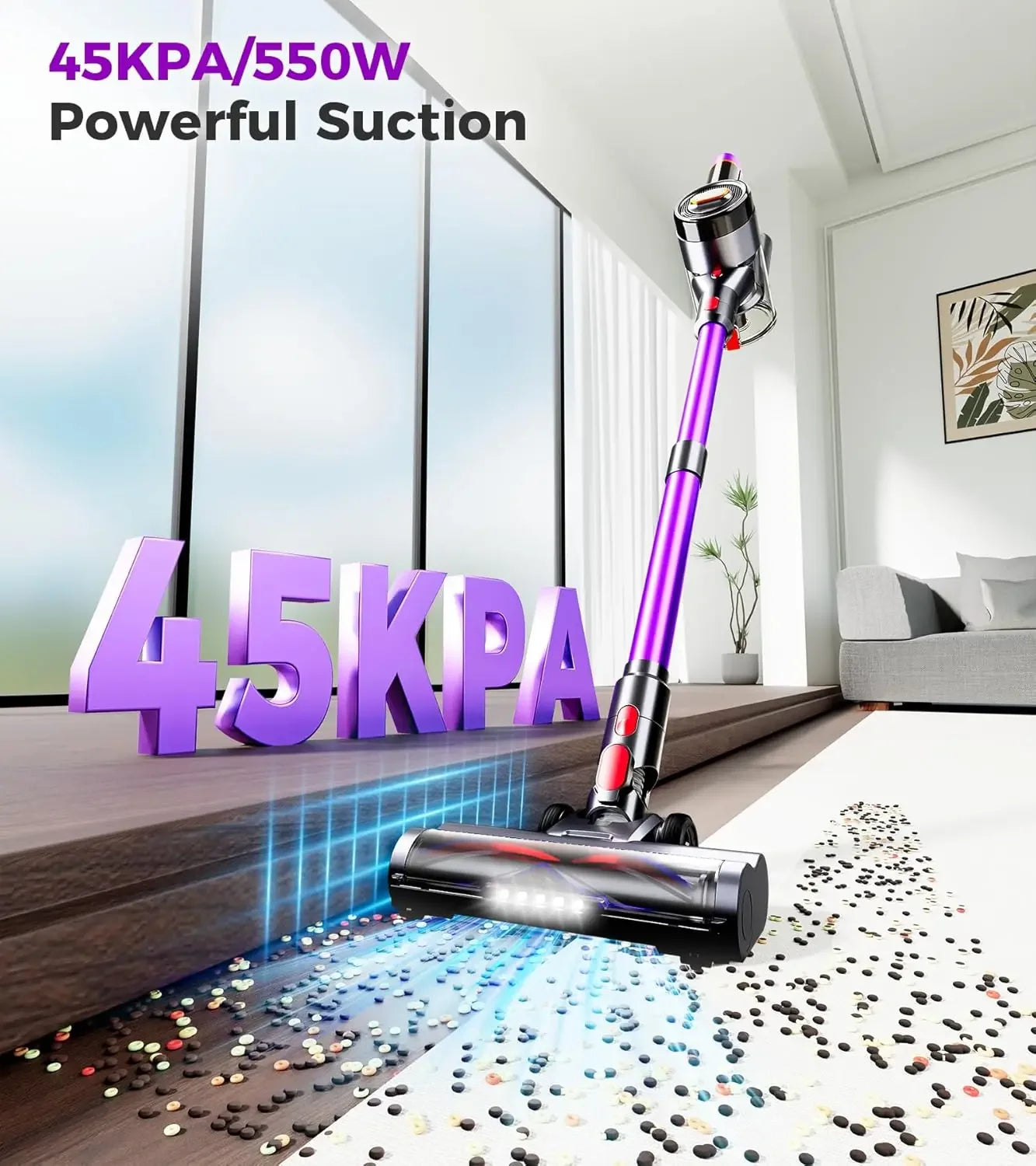 550W 45Kpa Cordless Vacuum Cleaner, 60-Min Runtime, Self-Standing, Anti-Tangle Brush for Home and Carpet Peaceful Pleasures Health and Wellness