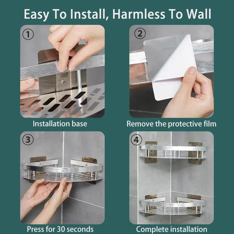 Drill-Free Aluminum Corner Shower Shelf | 1–3 Piece Set