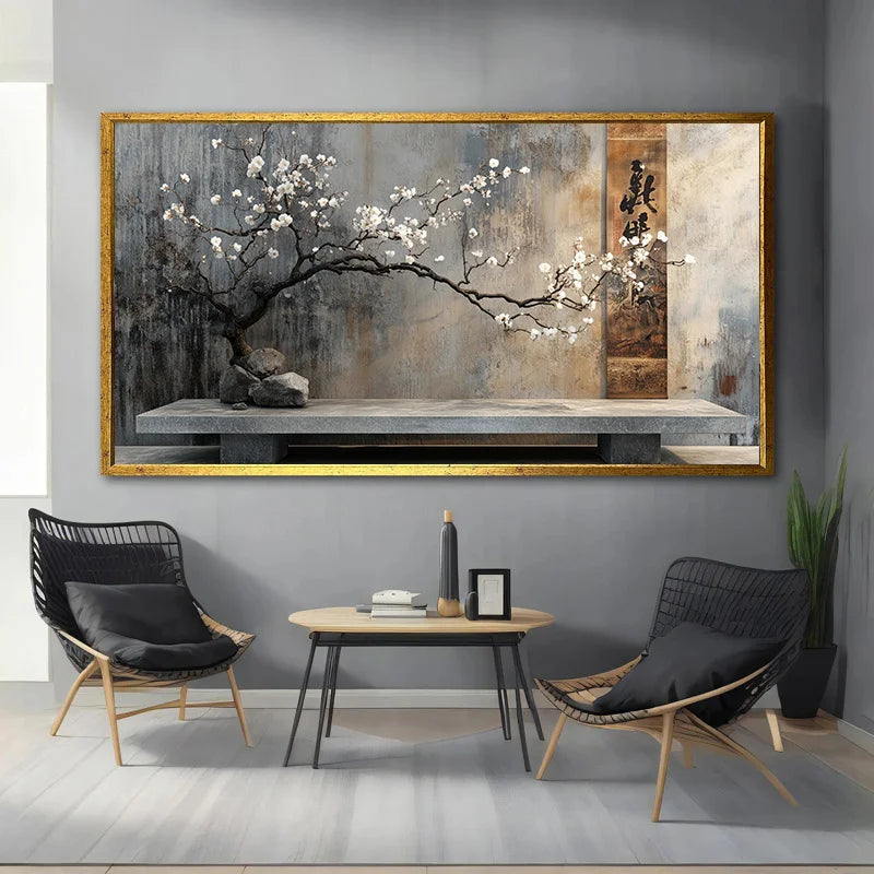Large Frameless Abstract Canvas Art Vintage Stone Terrace & Flower Branch Print, Wall Decor for Living Room, Bedroom Wall Art Peaceful Pleasures Health and Wellness