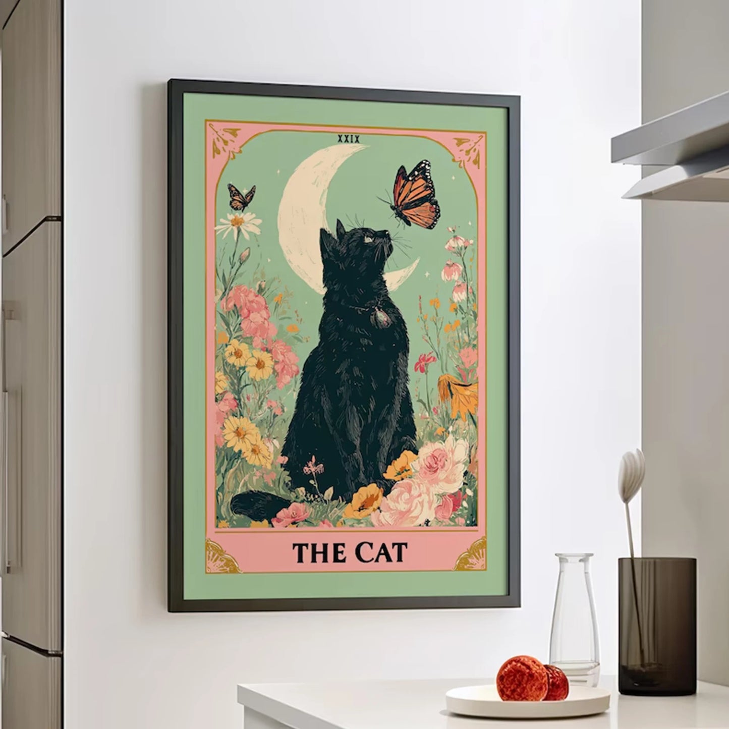 Tarot Black Cat Moon Floral Canvas Wall Art Print Poster