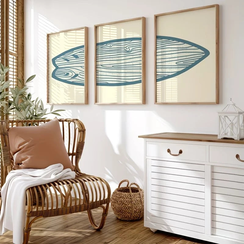 3-Piece Boho Blue Surfboard Canvas Wall Art | Bedroom Decor
