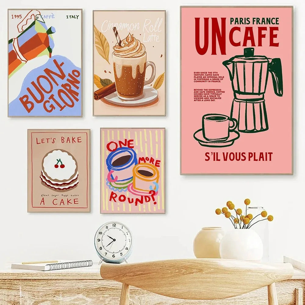 Coffee Shop Afternoon Tea Croissant Colorful Coffee Cup Retro Poster Canvas Paintings Wall Art Pictures Cafe Kitchen Home Decor Peaceful Pleasures Health and Wellness