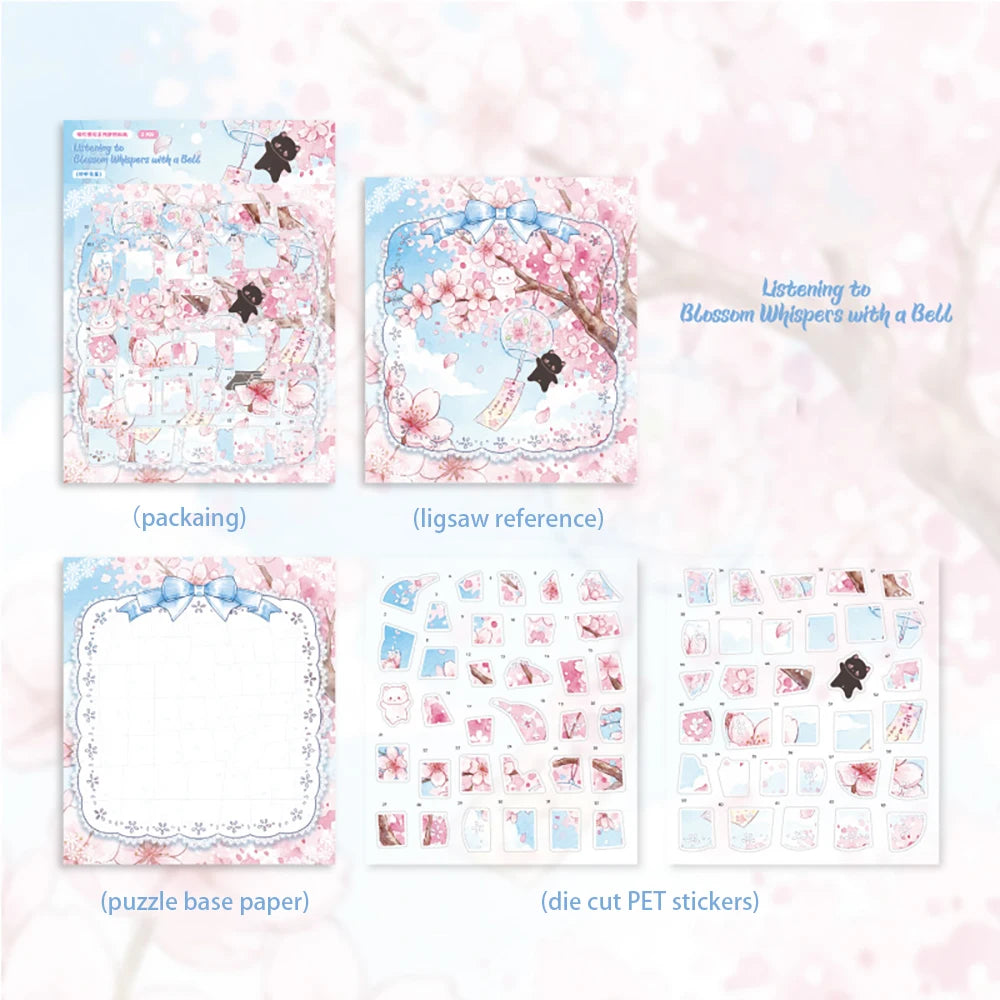 Cute Cat Cherry Blossom Rain Series Puzzle Stickers Four Theme