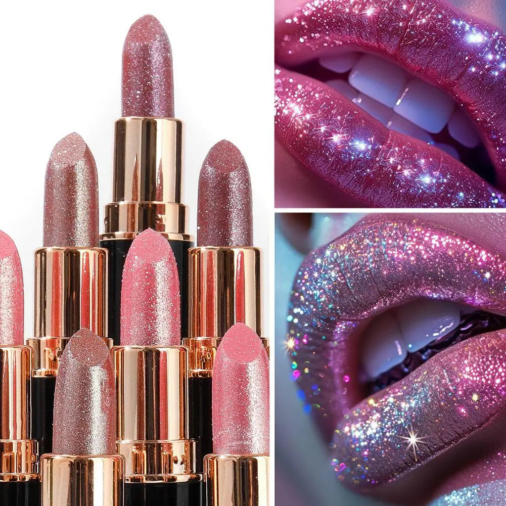 6 Colors Glitter Lipstick Waterproof Lasting Diamond Pearlescent Metallic Lipstick Women Lips Makeup Cosmetic Peaceful Pleasures Health and Wellness