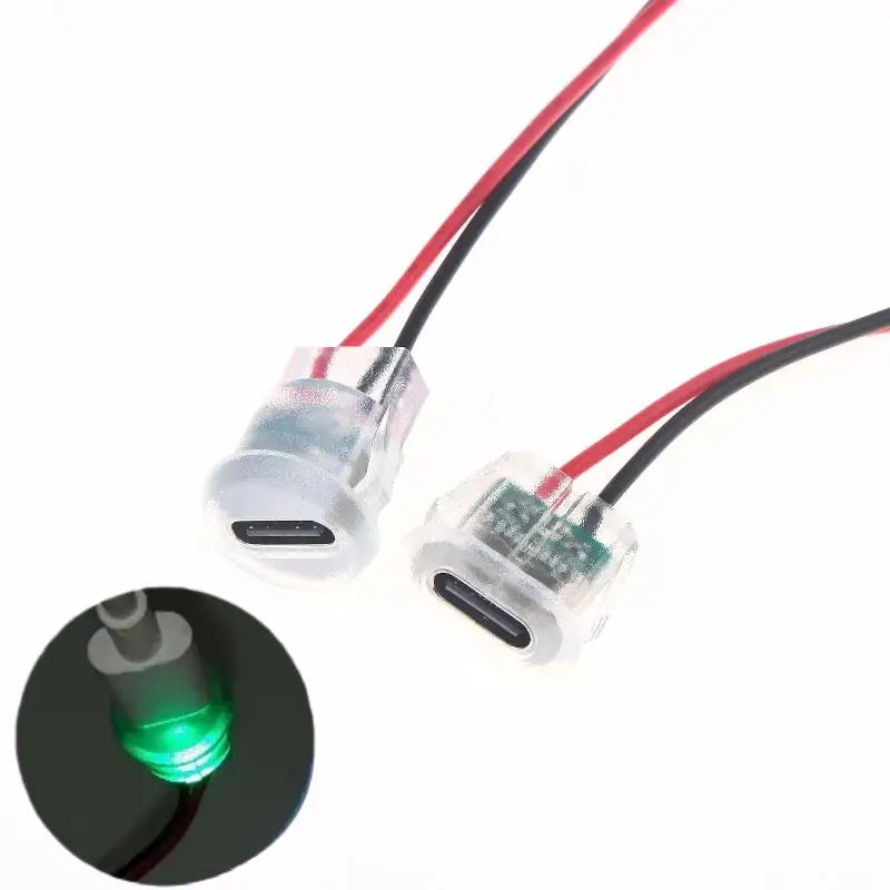 Waterproof USB-C Power Port Female Connectors Transparent 2Pin USB Type-C With LED Lights Input Type Charging Socket Peaceful Pleasures Health and Wellness