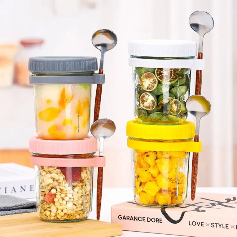 350ml Glass Overnight Oats Jar with Lid & Spoon | 1 or 2 Pack Glass Food Storage Jar Peaceful Pleasures Health and Wellness