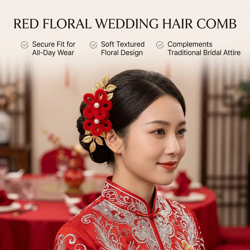 Vintage Red Flower Hair Comb for Chinese Wedding Bridal Headdress with Artificial Fur and ABS Plastic Peaceful Pleasures Health and Wellness