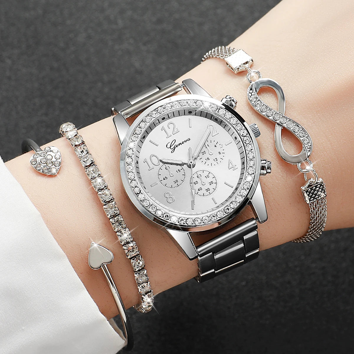 4PCS/Set Fashion Rhinestone Women Watches Luxury Steel Band Ladies Quartz Watch Bracelets Set Reloj Mujer（Without Box） Peaceful Pleasures Health and Wellness Silver Set No Box
