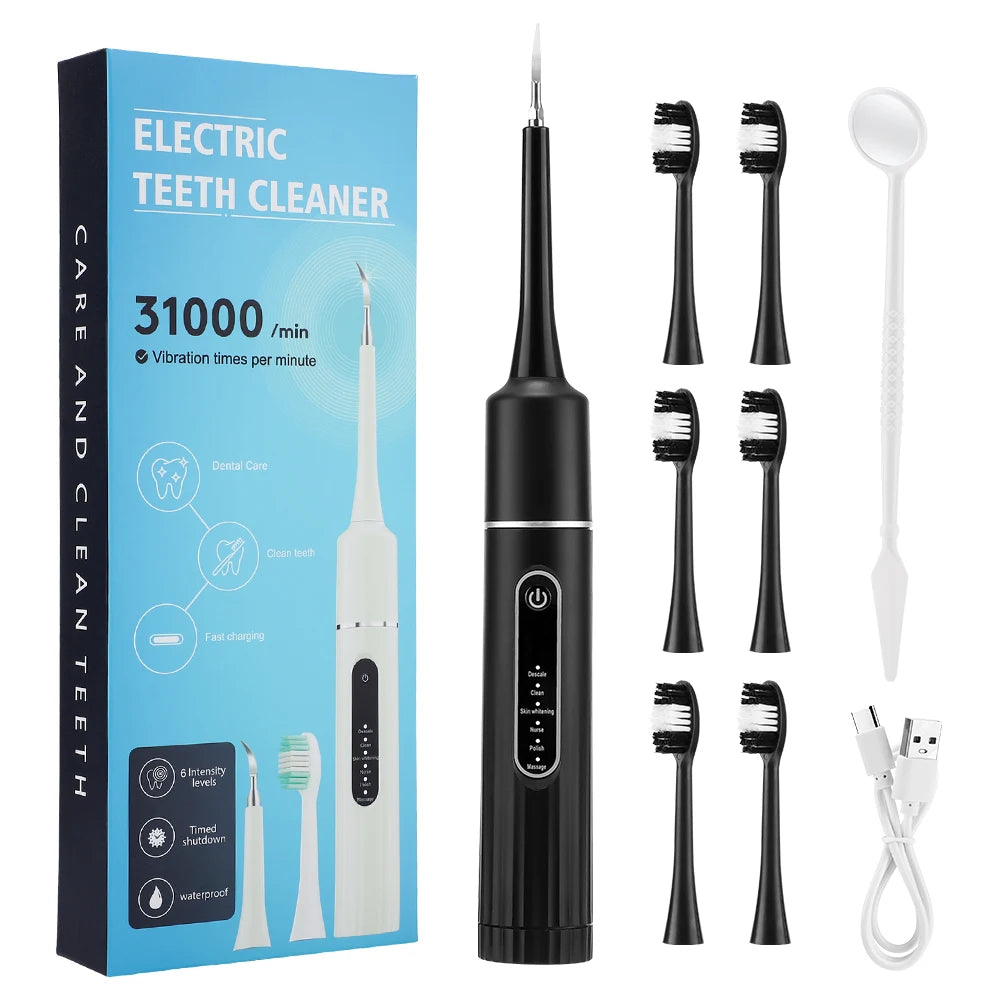 Electric Teeth Cleaner Remove Tartar Plaque Calculus and Tooth Stains Dental Teeth Whitening Kits With 6 Toothbrush Heads Home Peaceful Pleasures Health and Wellness 6 heads Black