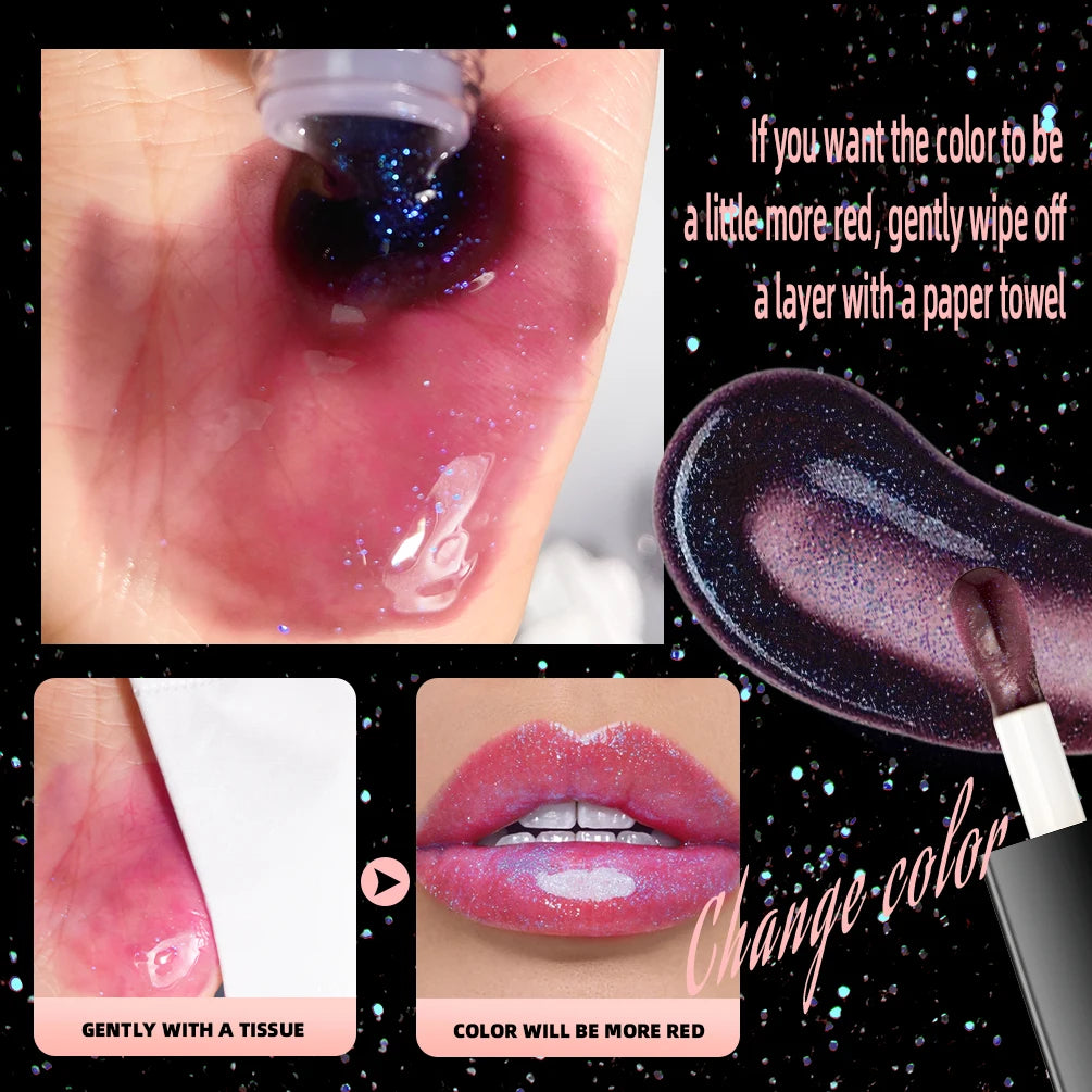 QIBEST Shimmer Lip Oil Black Color Changing Lipgloss Moisturizing Shiny Mirror Lipgloss Oil Plumping Glitter Lip Tint Cosmetics Peaceful Pleasures Health and Wellness