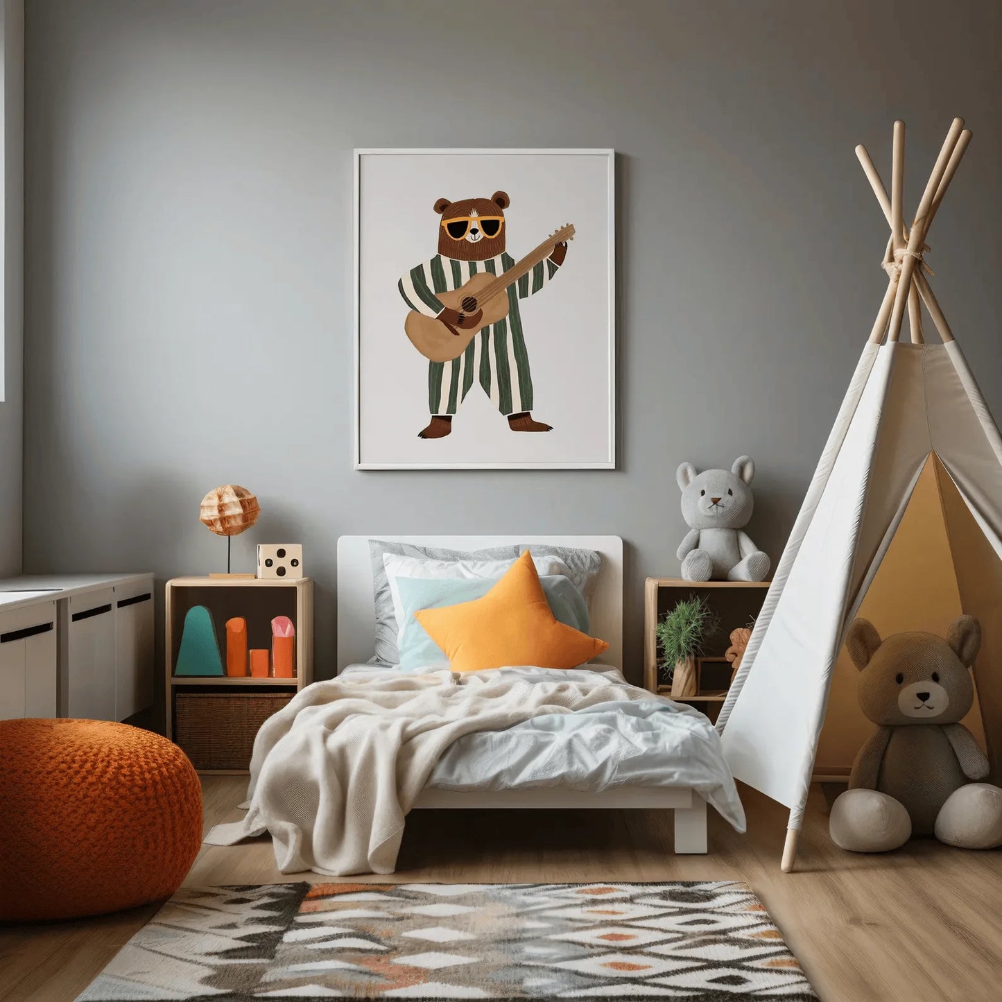 Retro Guitar Bear Canvas Wall Art | Kids Musical Nursery Decor