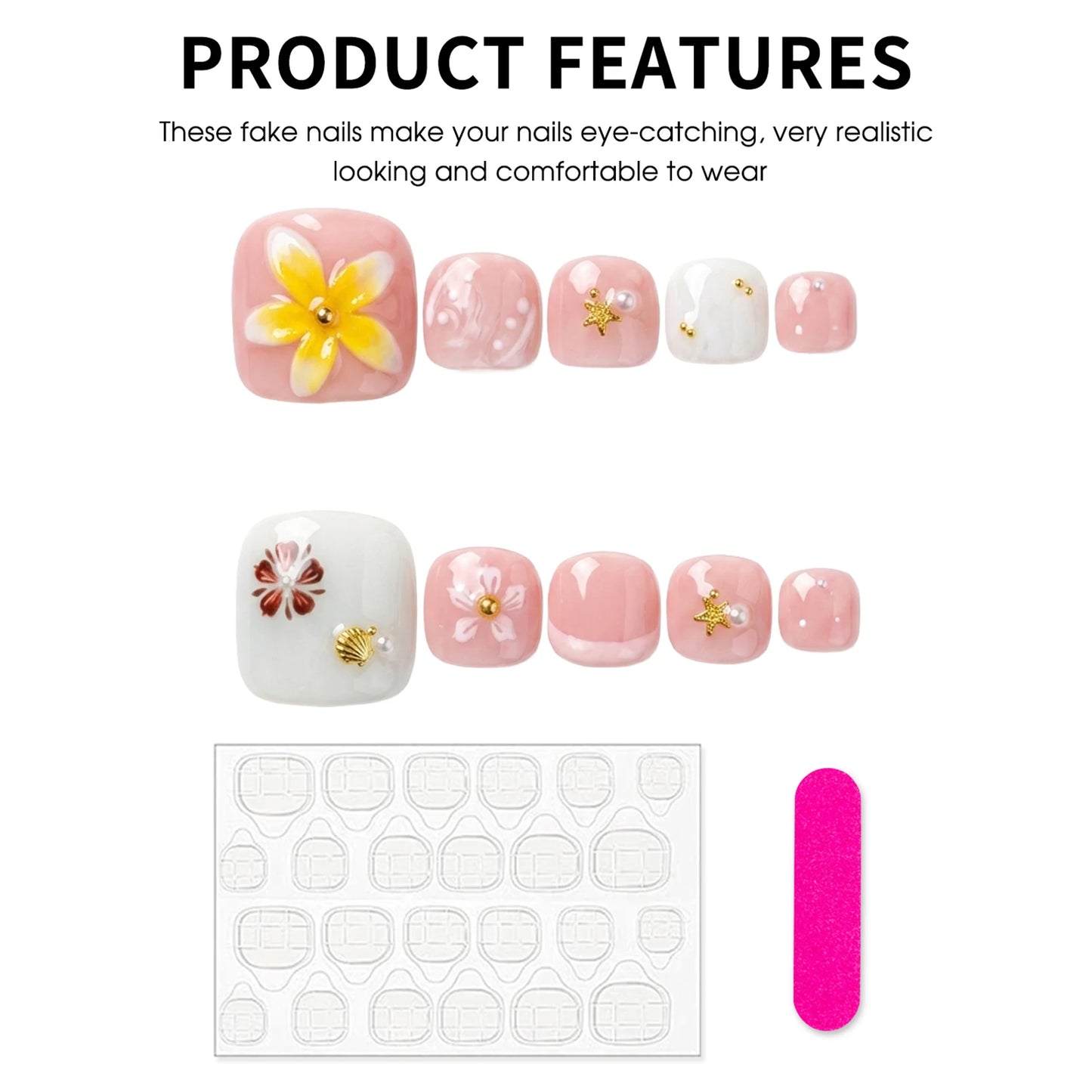 Hand-Painted 3D Floral Press-On Toe Nails | French Pink False Nails