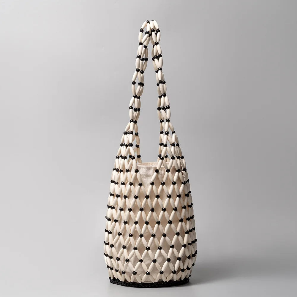 Handmade Wooden Bead Woven Bucket Bag for Women Peaceful Pleasures Health and Wellness