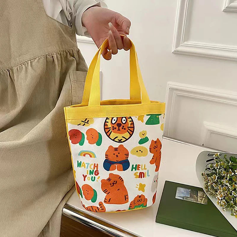Cute Animal Doodle Canvas Bucket Bag | Cylindrical Lunch Tote