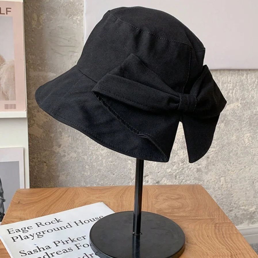 1-Piece Solid Color Bow-Shaped Sun Hat for Women, Summer Japanese Style Casual Hepburn Style Sun Hat with Bow, Versatile Wide-Brimmed Sunshade Peaceful Pleasures Health and Wellness 1Pcs