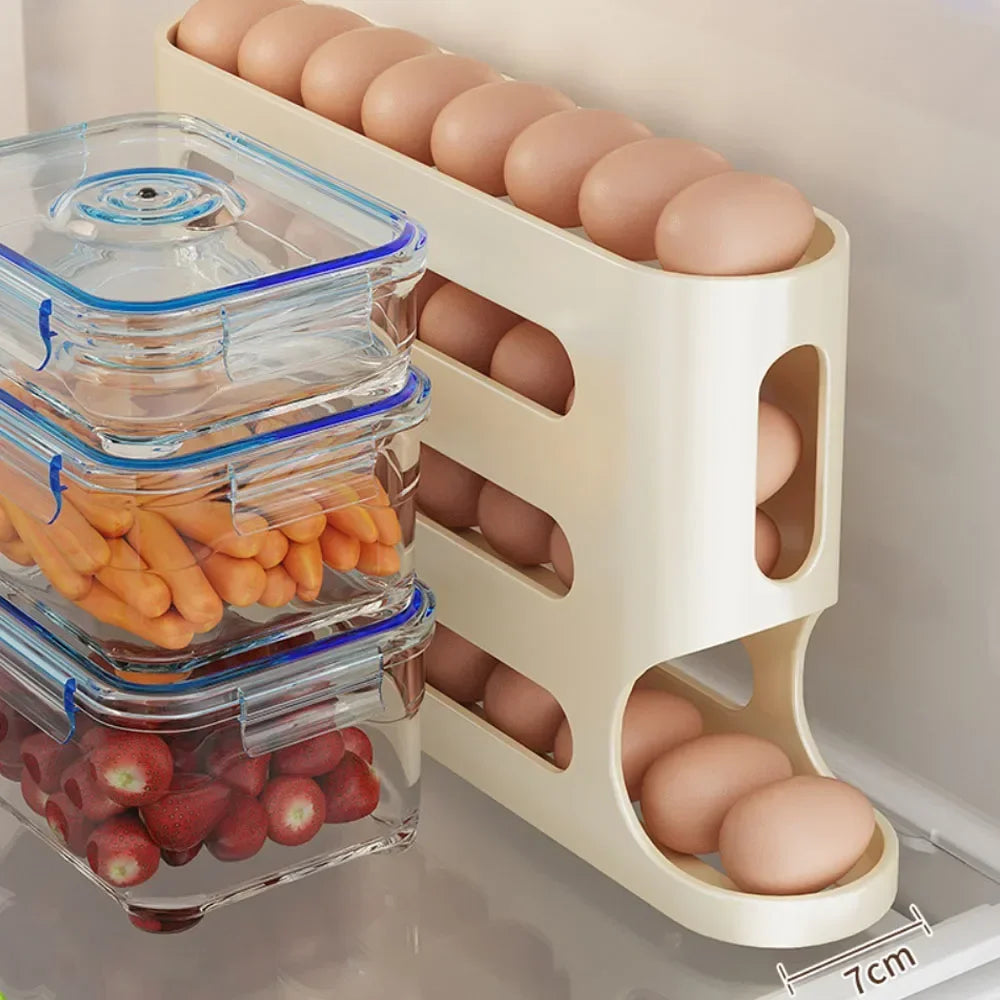 4-Layer Automatic Rolling Egg Holder Rack | Fridge Egg Dispenser & Refrigerator Organizer
