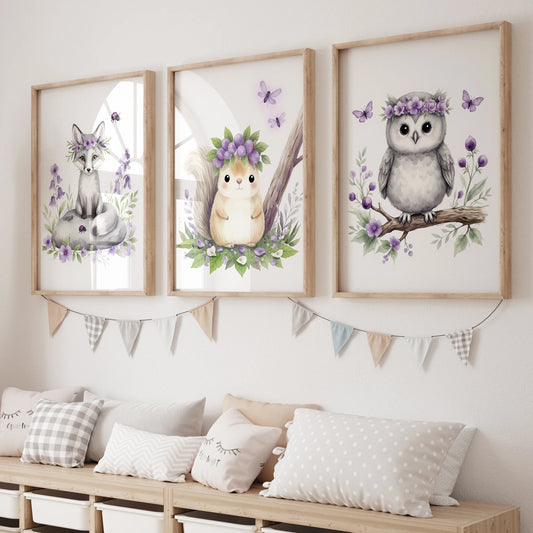 3-Piece Fox Squirrel Owl Purple Canvas Wall Art for Kids Room Canvas Wall Art Set Peaceful Pleasures Health and Wellness GP063-3pcs 50x70cm Unframed