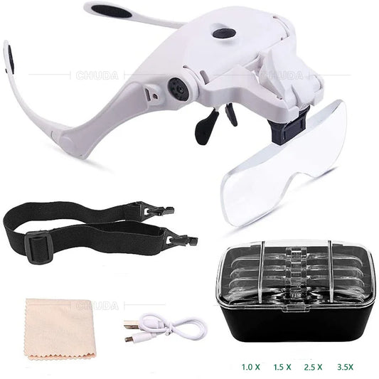 Head Mounted Glasses Rechargeable 5-Speed Optical Lens Reading Led Magnifying Glass Peaceful Pleasures Health and Wellness 1X 1.5X 2X 2.5X 3.5X