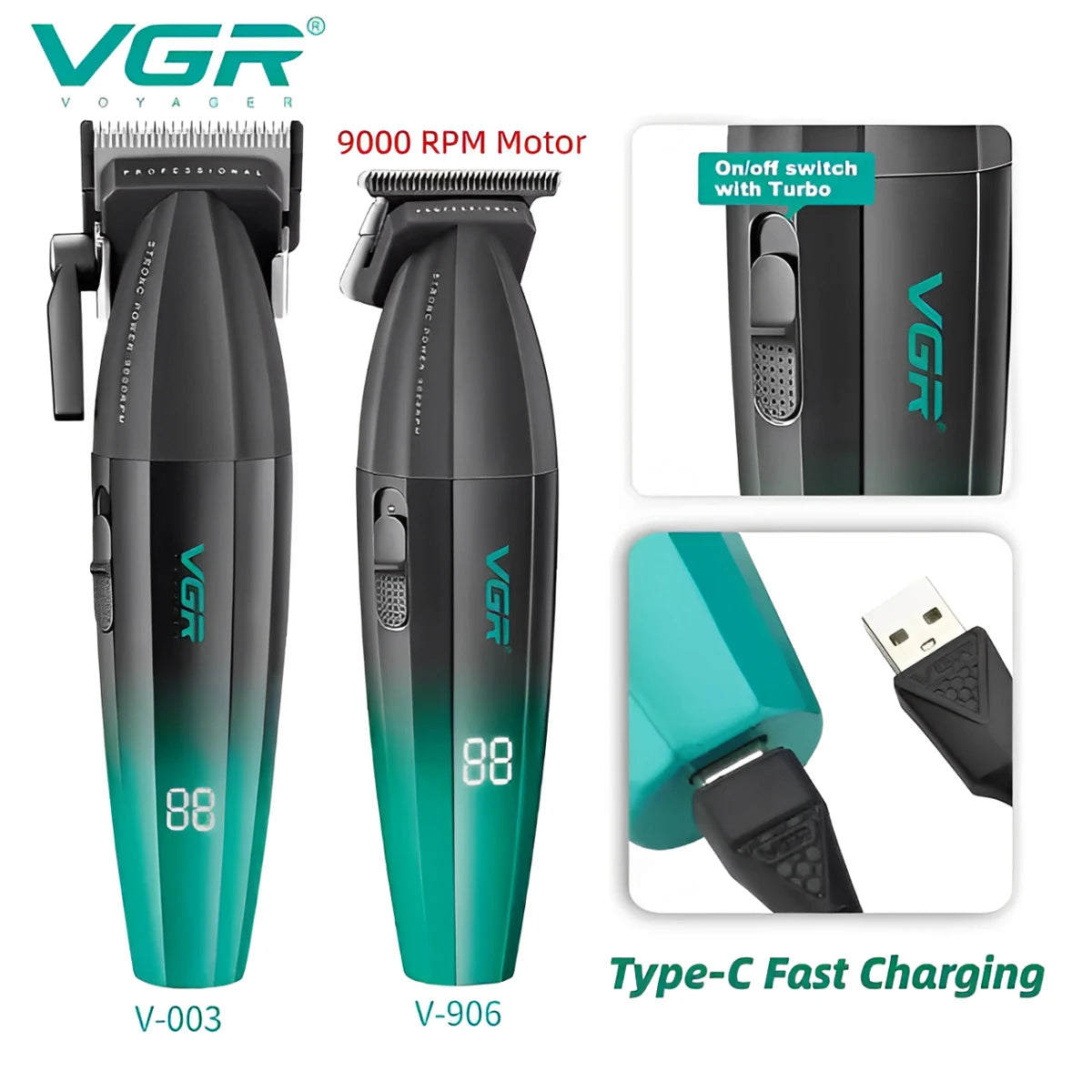 VGR high-end hair trimming set gradient color metal carving 9000 RPM hair salon home professional shaving machine V-906 V-003 Peaceful Pleasures Health and Wellness